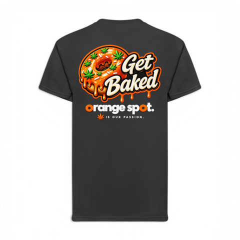 Schwarzes Get Baked T-Shirt mit großem Donut-Backprint