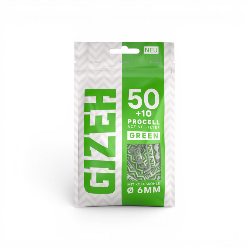 GIZEH ProCell Active Filter GREEN 6 mm mit 50 + 10 Aktivkohlefiltern und innovativen Papierkappen