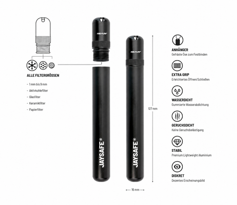 Fire-Flow JAYSAFE Premium Joint Holder Case in Schwarz aus Aluminium mit geruchs- und wasserdichtem Verschluss