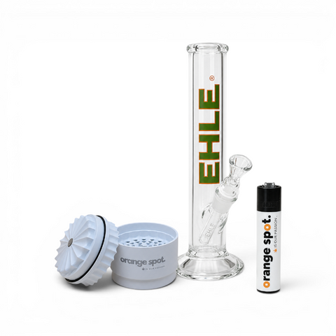 JUST EHLE 500 ml Glasbong Bundle mit Keramik Grinder Wellenschliff 4-lagig in Weiß und Clipper x Orange Spot Limited Edition
