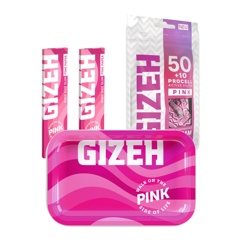 GIZEH Pink Bundle mit ALL PINK Rolling Tray, Procell Pink Aktivkohlefiltern und zwei Packungen King Size Slim Papers