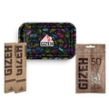 GIZEH Brown Bundle mit Comic Metall Rolling Tray, 6 mm Aktivkohlefiltern und Unbleached King Size Slim Papers