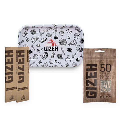 GIZEH Brown Bundle mit Comic Metall Rolling Tray, 6 mm Aktivkohlefiltern und Unbleached King Size Slim Papers