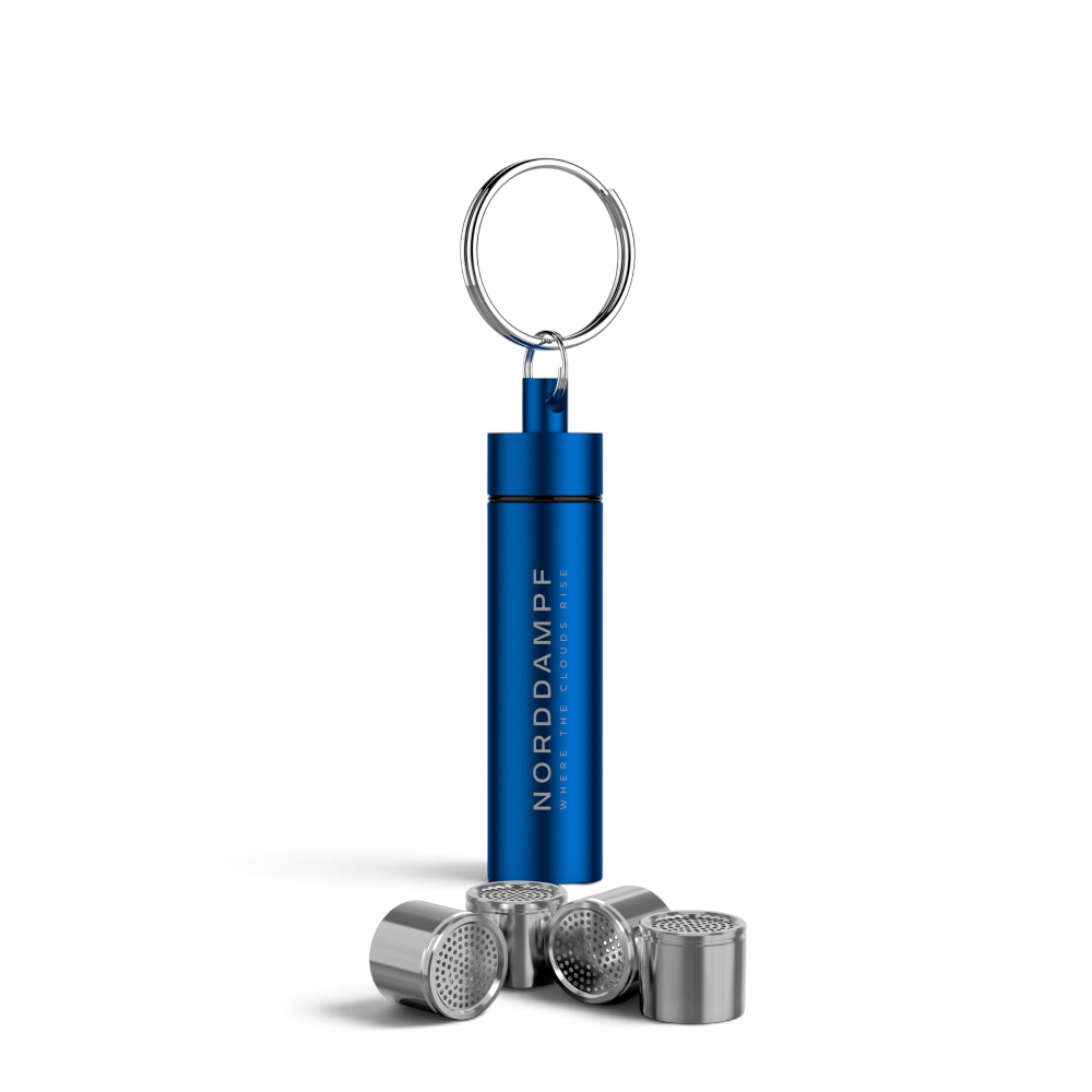 Norddampf Relict Capsule Caddy in Blau mit Schlüsselring und vier Dosierkapseln
