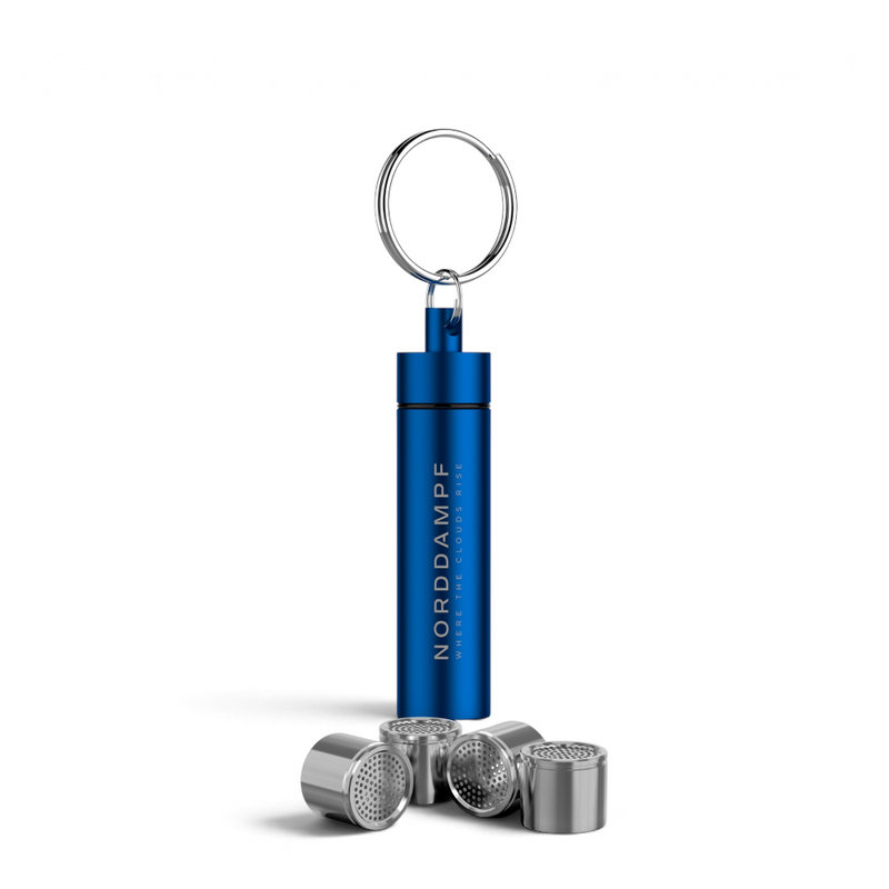 Norddampf Relict Capsule Caddy in Blau mit Schlüsselring und vier Dosierkapseln