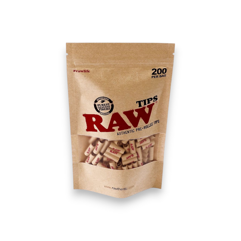 RAW Authentic Pre-Rolled Tips aus ungebleichtem Papier mit 200 vorgerollten Filtertips im wiederverschließbaren Beutel