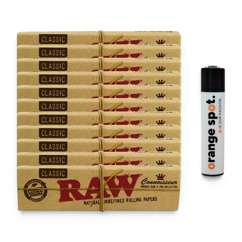 RAW Classic King Size Slim + Tips Bundle mit 10+1 Gratis-Aktion und gratis Clipper x Orange Spot Limited Logo Edition