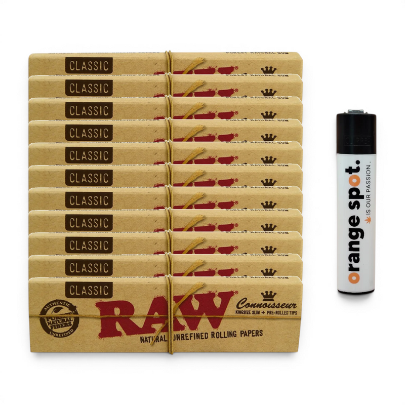 RAW Classic King Size Slim + Tips Bundle mit 10+1 Gratis-Aktion und gratis Clipper x Orange Spot Limited Logo Edition