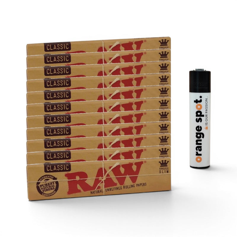 RAW Classic King Size Slim Bundle mit 10+1 Gratis-Aktion und gratis Clipper x Orange Spot Limited Logo Edition