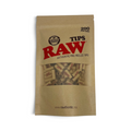 RAW Authentic Pre-Rolled Tips im braunen Papierbeutel mit Sichtfenster, rotem RAW Logo und Aufdruck 200 per Bag