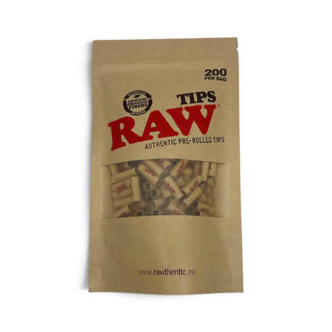 RAW Authentic Pre-Rolled Tips im braunen Papierbeutel mit Sichtfenster, rotem RAW Logo und Aufdruck 200 per Bag
